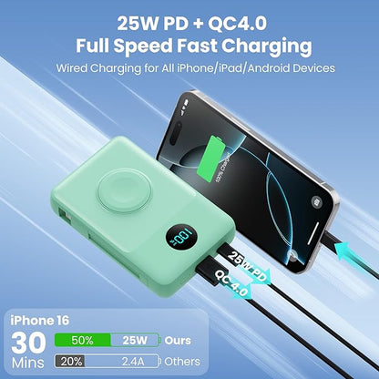 Magnetic Portable Charger 10800mAh for iPhone with Built-in Cables, 6-in-1 Wireless Power Bank with iWatch Charger, 25W PD Fast Charging USB C Battery Pack for iPhone 16/15/14/13/12,Apple Watch(Green)