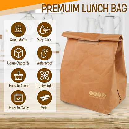 2 Pcs Insulated Brown Paper Lunch Bags, Reusable Lunch Bag Large Retro Sacks Thermal Insulation Food Storage Handbag with Velcro for Adults Office Work Picnic Travel Snacks - 7.8"L x 5.9"W x 11.8"