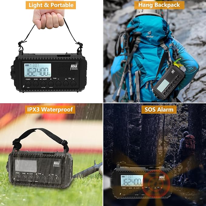 Raynic NOAA Weather Radio, 5000mAh/18500mWh Solar Hand Crank Emergency Radio, Battery Powered Portable Radio with AM/FM/SW/NOAA, Cell Phone Charger, Type-C Charging, Flashlight and SOS Siren