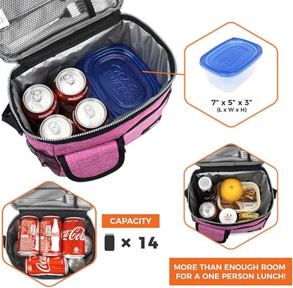 opux Insulated Lunch Bag for Men Women, Leakproof Heather Pink Lunch Box for Work, Portable Soft Lunch Cooler Bag with Shoulder Strap, Adult Lunchbox Lunch Pail for Kid Boy Girl School, 14 Can/8L
