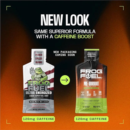 Frog Fuel Ultra Energized Pre Workout Shot & Energy Gel, 120mg Caffeine, 1500mg Beta Alanine, Electrolytes 8g Protein Nano-Hydrolyzed Grass Fed Collagen, 10g Carbs, Berry, 1.2 oz Packets, 24 Pack