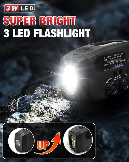Emergency Hand Crank Radio Emgykit - 2000mAh/7400mWh AM/FM/NOAA Solar Hand Crank Emergency Radio with 3 LED Flashlights, SOS Function for Emergencies, Camping - Black