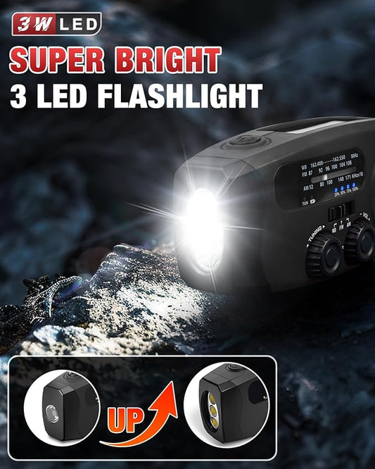 Emergency Hand Crank Radio Emgykit - 2000mAh/7400mWh AM/FM/NOAA Solar Hand Crank Emergency Radio with 3 LED Flashlights, SOS Function for Emergencies, Camping - Black