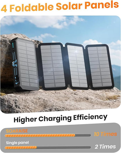 SOARAISE Solar Charger Power Bank - 48000mAh Wireless Portable Charger Built-in 4 Cables and 4 Solar Panels, PD QC 3.0 Fast Charging USB C Battery Pack with Flashlight for Camping Travel (Blue)