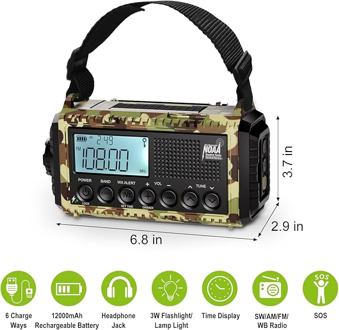 Raynic Weather Radio, 12000mAh Hand Crank Emergency Radio, 6 Ways Powered AM/FM/SW/NOAA Weather Alert Radio with Flashlight, Cell Phone Charger and SOS Siren for Power Outages (Camo-Green-LCD Display)