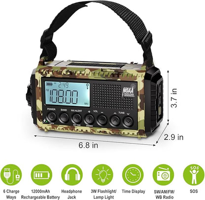 Raynic Weather Radio, 12000mAh Hand Crank Emergency Radio, 6 Ways Powered AM/FM/SW/NOAA Weather Alert Radio with Flashlight, Cell Phone Charger and SOS Siren for Power Outages (Camo-Green-LCD Display)