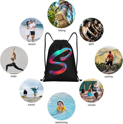 Drawstring Bags Initial Drawstring Backpack Sackpack Black Draw String Cinch Bags for Sports, Gym, Travel, Swimming, Beach, Camping, Rainbow Letter S
