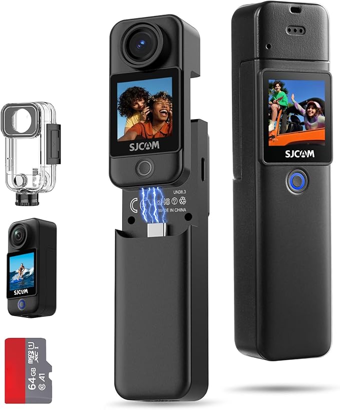SJCAM C300 Pocket Action Camera 4K,7Hour Power, 6-Axis Stabilization, Dual-Touch Screen Body Camera,30M Waterproof,Vlogging and YouTube Live Streaming,with Accessories Kits,Black,Gifts with 64G Card