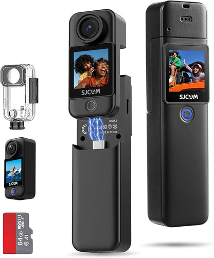 SJCAM C300 Pocket Action Camera 4K,7Hour Power, 6-Axis Stabilization, Dual-Touch Screen Body Camera,30M Waterproof,Vlogging and YouTube Live Streaming,with Accessories Kits,Black,Gifts with 64G Card