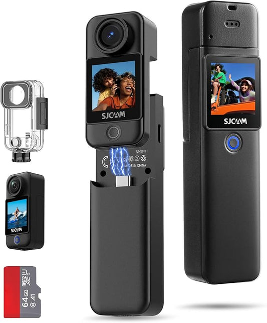 SJCAM C300 Pocket Action Camera 4K,7Hour Power, 6-Axis Stabilization, Dual-Touch Screen Body Camera,30M Waterproof,Vlogging and YouTube Live Streaming,with Accessories Kits,Black,Gifts with 64G Card