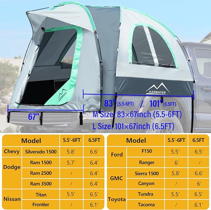 Pickup Truck Tent, Waterproof PU2000mm for Camping 5.5-6.5 Ft Bed, 2-Person Sleeping With Double Layer Design Windows, Expandable Triangle Sunshade Awning