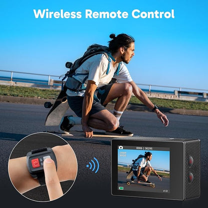AKASO EK7000 4K30fps Action Camera with 128GB MicroSDXC U3 Memory Card Accessories Kit Bundle Ultra HD 131FT Waterproof Camera EIS WiFi Remote Control 4X Zoom Underwater Camera