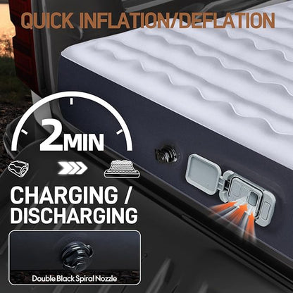 Built-in Pump Truck Air Mattress for 5.5-5.8ft Short Bed, Inflatable Full Size Pickup Airbed with Detachable Pump for Outdoor Travel Camping, Includes Pillows & Storage Bag