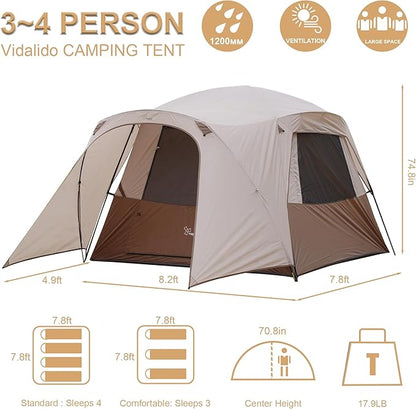 Vidalido 3-4 Person Tent with 1 Mesh Door and 2 Large Mesh Window, Double Layer Waterproof Portable Family Cabin Tent, 4 Person Tents for Outdoor Camping Hiking