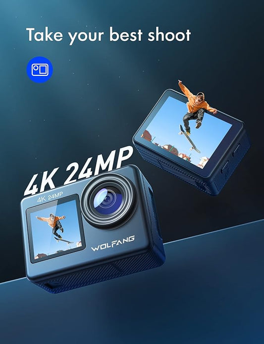 WOLFANG GA200 24MP 4K Action Camera 40M Waterproof Underwater Camera for Snorkeling, EIS WiFi Adjustable Wide Angle Dual Screen Camera for Vlog, Webcam(Charger, Remote Control and Helmet Accessories)