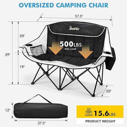 Double Camping Chair for Adults Outdoor Folding Chair with 2 Cooler Bags Support 500lbs Heavy Duty Camp Chair for Outdoor Sports Beach - Black&Grey