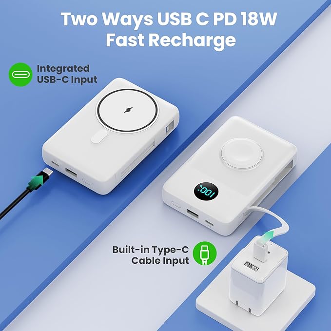 Magnetic Portable Charger 10800mAh for iPhone with Built-in Cables, 6-in-1 Wireless Power Bank with iWatch Charger, 25W PD Fast Charging USB C Battery Pack for iPhone 16/15/14/13/12,Apple Watch(White)