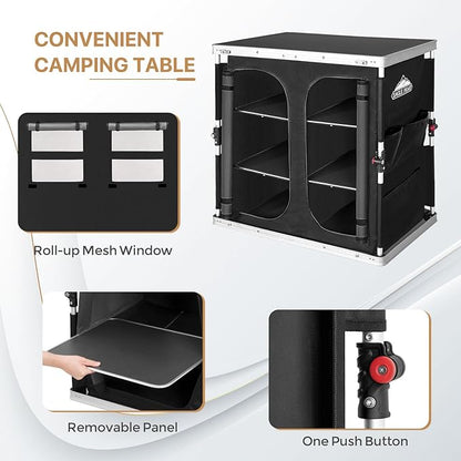 EAGLE PEAK Double Outdoor Folding Camping Table with Large 3-Tier Storage Organizer and Side Pockets, Easy Set Up Portable Aluminum Camping Kitchen, Black