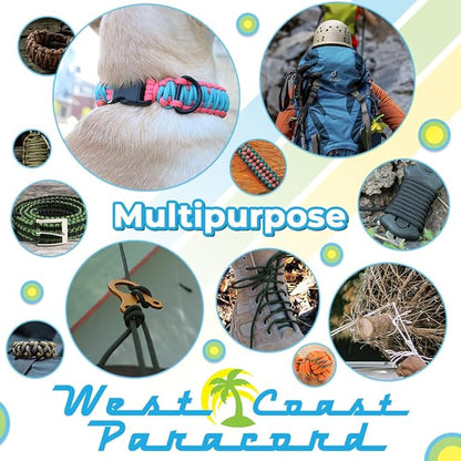 West Coast Paracord 550lb Paracord Spools – 7 Strand Type III Tactical Parachute Cord for Hiking, Camping, and Fishing – Aquatica (100 ft)