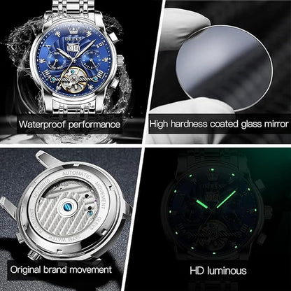 OLEVS Mens Automatic Watches Gold Luxury Diamond Dress Self Winding Mechanical Skeleton Tourbillon Stainless Steel Wrist Watch
