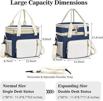 Lunch Box & Lunch Bag for Women Men, Large Insulated Adult Lunch Box Leakproof Lunchbox Cooler Bag for Work Picnic Beach,16L, Dark Blue & White
