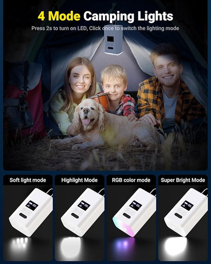 OMQ Portable Air Pump for Inflatables,Electric Air Mattress Pump with Camping Lantern & LED Display, Mini Air Pump 2X Quick Inflate Deflate for Pool Floats, Vacuum Storage Bags