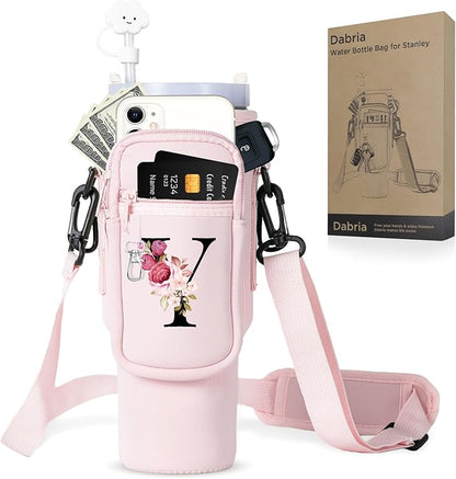 dabria Initial A-Z Water Bottle Bag with Phone Pocket for Stanley 40 oz Tumbler Neoprene Water Bottle Holder Pouch with Adjustable Strap Bollus with Straw Cover & Carabiner for Stanley Cup Accessories