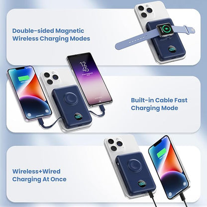 Magnetic Portable Charger for iPhone with Built-in Cables, 6-in-1 10800mAh Power Bank with iWatch Charger & LCD Display,25W Fast Charging Battery Pack for iPhone 16/15/14/13/12,Apple Watch (Blue)