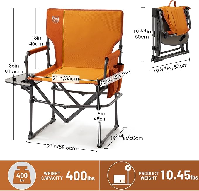 TIMBER RIDGE Aluminum Camping Directors Chair with Side Table Pocket, Portable Folding Chair, Heavy Duty Lawn Chair for Fishing Trip Picnic Concert Outdoor 400lbs, Orange 2 Pack