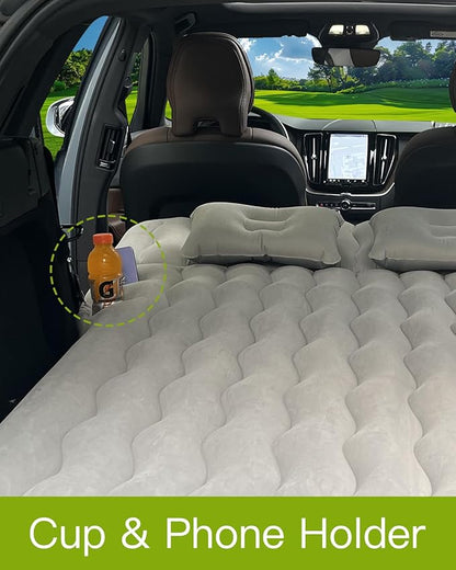 SUV Air Mattress, Inflatable Car Mattress Bottle and Phone Holder Thickened Flocking & PVC Surface Car Bed with Electric Air Pump Travel Mattress for Car Camping Road Trip (Grey)