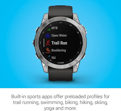 Garmin Fenix 7, Adventure smartwatch, Rugged Outdoor Watch with GPS, Touchscreen, Health and Wellness Features, Silver with Graphite Band - 010-02540-00
