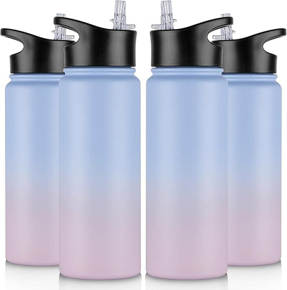 24 oz Insulated Water Bottle Bulk 4 Pack, Stainless Steel Sports Water Bottles with Straw Lid & Wide Mouth Lids, Double Walled Vacuum, Leak Proof, Pink Blue Gradient