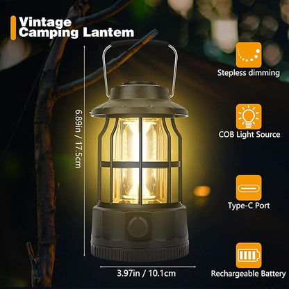 Camping Lantern Rechargeable USB Powered, Stepless Dimmer, Metal Retro Camping Light Waterproof Hanging LED Vintage Tent Lamp for Outdoor Hiking Fishing Emergency (Black)