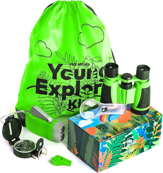Outdoor Adventure Kit for Kids: Binoculars, Compass, Magnifying Glass & Flashlight. 3-12 Year Old Boys & Girls
