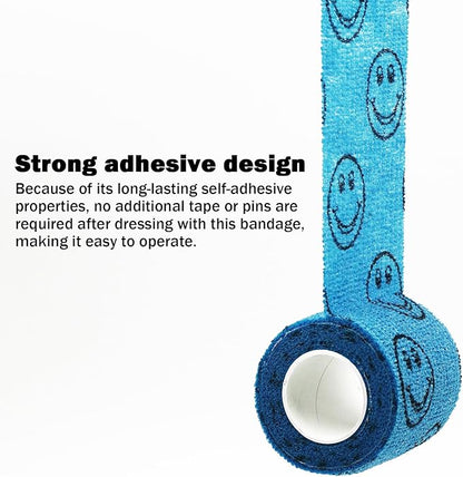 Cohesive Bandage First Aid Tape - Self Adherent Wrap Adhesive Bandages - Colorful Bandages (Blue Smile, 2-Inch)