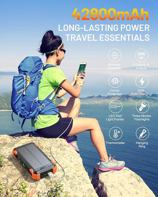 GOODaaa Solar Power Bank, 42800mAh Portable Charger 20W Fast Charging External Battery Pack Built in 4 Cables, Wireless Charging Power Bank for Apple Watches with Flashlight, Carabiner,Thermometer