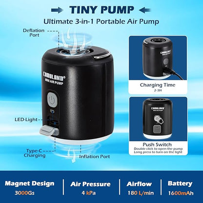 CAMULAND Mini Air Pump with Magnetic Design Camping Lantern Electric Pump for Inflatables with 1400mAh Battery Rechargeable for Air Mattress, Pool Floats,Vacuum Storage Bag
