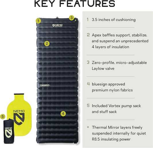 Nemo Equipment Tensor Extreme Conditions Sleeping Pad - Long Wide (76"x25") - Black/Birch Bud/Citron
