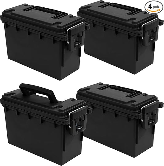 Sheffield 12772 4-Pack Ammo Storage Box, Stackable .30 Cal Field Boxes, Water and Dust Resistant, Lockable Storage Box with Handle, Secures Hunting Gear, Supplies, and Bullets, Made in the USA, Black