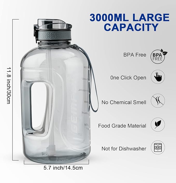 GEMFUL 3 Liter Water Bottle with Straw Time Marker Large 101oz BPA-Free Leakproof Jug for Gym Sports Hiking Motivational Tracking for Men Women (Grey with Removable Straw)