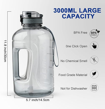 GEMFUL 3 Liter Water Bottle with Straw Time Marker Large 101oz BPA-Free Leakproof Jug for Gym Sports Hiking Motivational Tracking for Men Women (Grey with Removable Straw)
