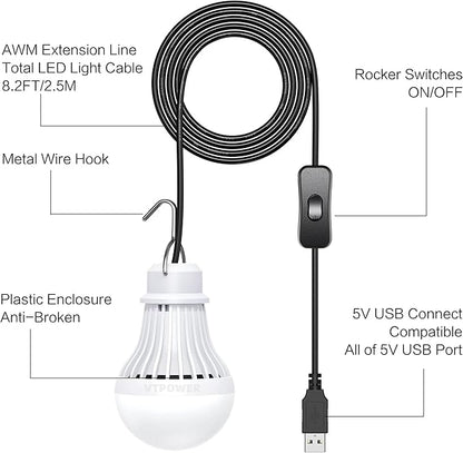 4 Pack Portable LED Bulb, 5W USB LED Camping Light for Garage Warehouse Car Truck Fishing Boat Outdoor Emergency Light Children Bed Room, 2.5m/8.2ft Extension Cord…