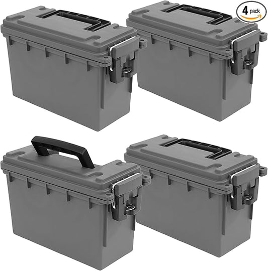 Sheffield 12759 4-Pack Ammo Storage Box, Stackable .30 Cal Field Boxes, Water and Dust Resistant, Lockable Storage Box with Handle, Secures Hunting Gear, Supplies, and Bullets, Made in the USA, Gray