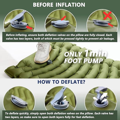 Sleeping Pad for Camping - Ultralight Camping Mattress with Pillow, Built-in Foot Pump, Compact Inflatable Portable Mat for Backpacking, Hiking, Car Traveling, Beach, Tent