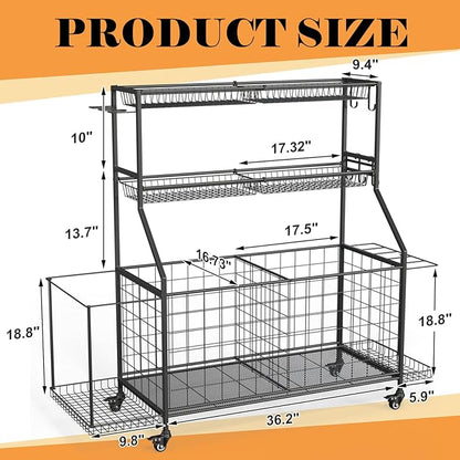 Sport Equipment Organizer, Garage Ball Storage Racks - Outdoor Toy Storage with 2 Side Racks & Removable Baskets, Heavy-Duty Garage Rolling Ball Cart with Wheels, Hooks for Sports Gear, Toys