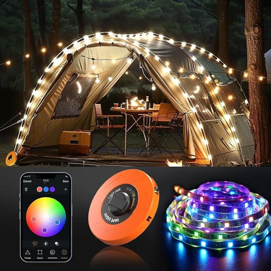 Camping Lights String,Tape Tent Lights RGB with 100 Modes Music Sync Color Changing APP Control Waterproof 13/26 FT ,Led Camping Lantern Retractable for Emergency Yard Camping Decoration (13 Ft)