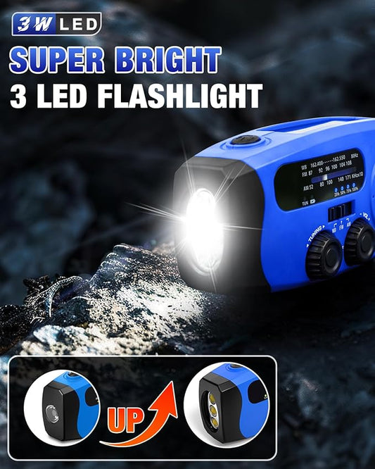 Emergency Hand Crank Radio Emgykit - 2000mAh/7400mWh AM/FM/NOAA Solar Hand Crank Emergency Radio with 3 LED Flashlights, SOS Function for Emergencies, Camping - Blue