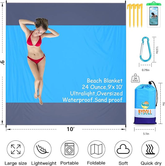 BYDOLL Beach Blanket Waterproof Sandproof 78''×81'' 1-7 Adults Oversized Lightweight Large Picnic Mat Waterproof Sandproof Blanket for Beach