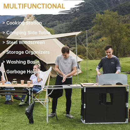 KingCamp Bamboo Camp Kitchen Station, Folding Overland Camping Kitchen Table Hooks Portable Outdoor Cooking with Adjustable Lantern Pole & Windshield Storage Organizer for Tailgating BBQ Picnic RV
