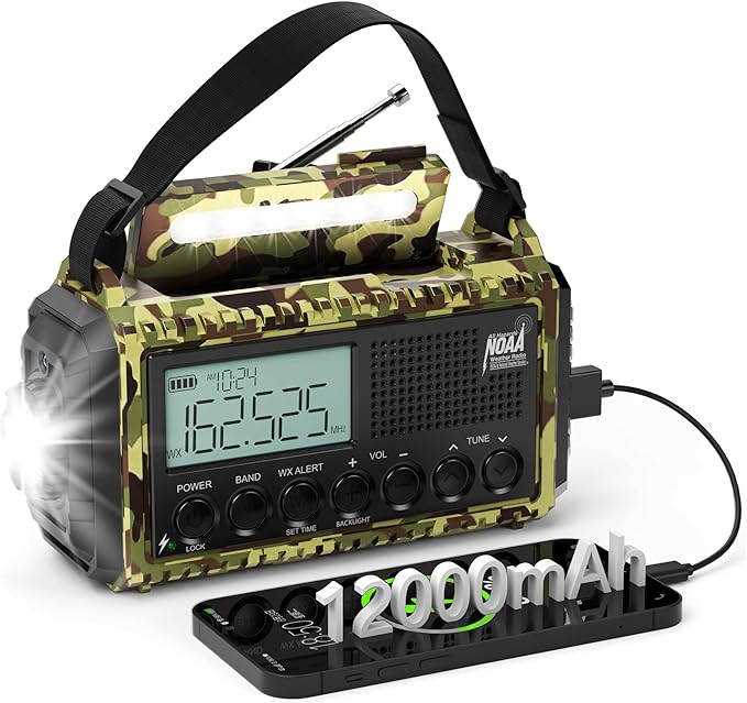 Emergency Weather Radio,12000mAh/44400mWh Solar Hand Crank AUTO NOAA Alert/AM/FM/SW Shortwave Radio with Type-C Charger, Battery Operated Radio,Reading Lamp, SOS & Flashlight for Emergencies